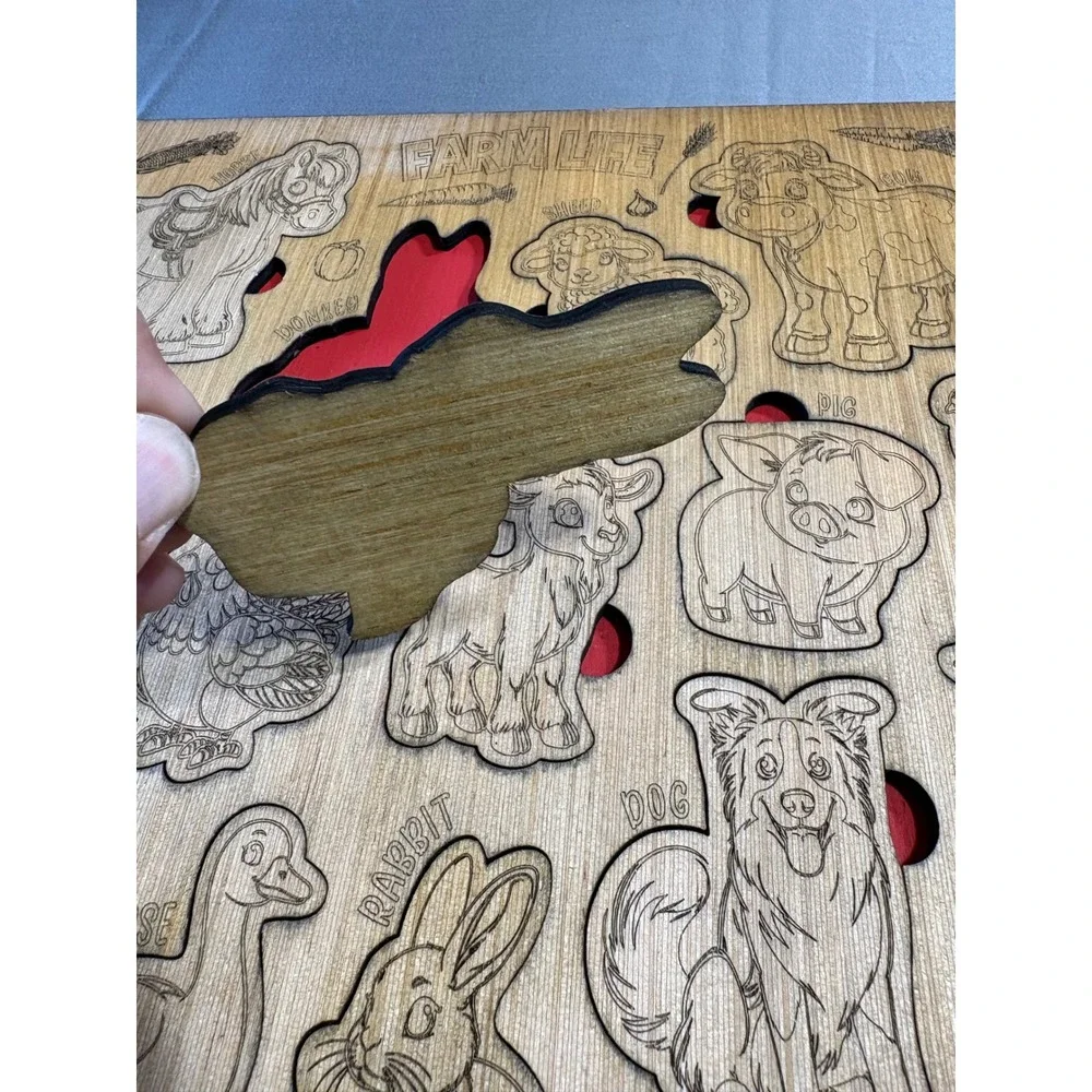 Farm Life Wooden Engraved Animal Chunky Puzzle Educational Toy Kids Wood Board